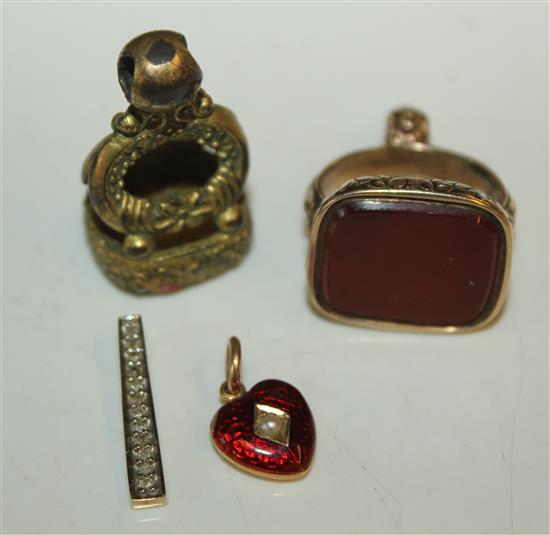Enamel locket, 2 fobs & pendant